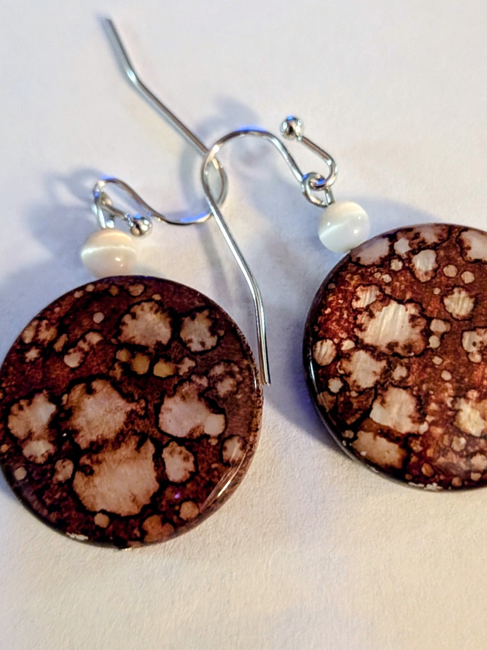 Brown Patterned Disc Drop Earrings with Ivory Bead Accent
